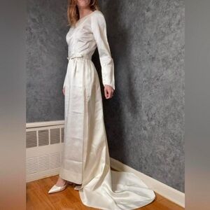 Vintage 1950s/1960s Handmade Wedding Gown – Ivory Satin, Removable Train